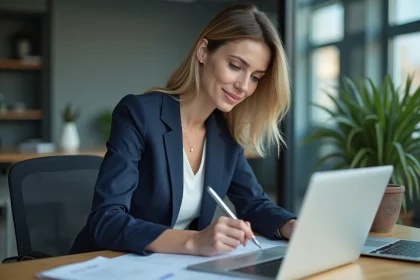 Femme professionnelle inscrivant son entreprise à un événement business en ligne depuis son bureau moderne