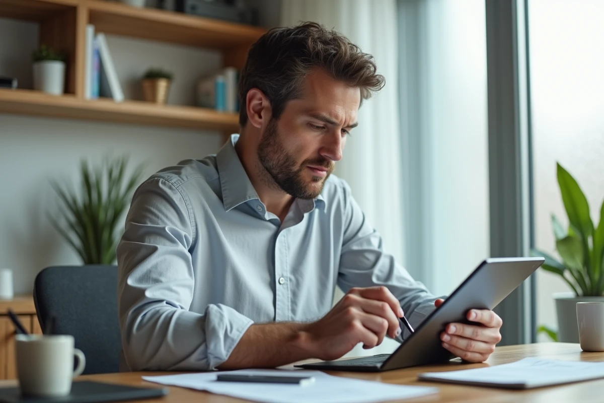 Entrepreneur remplissant un formulaire d'inscription anticipée à un événement professionnel depuis son bureau à domicile