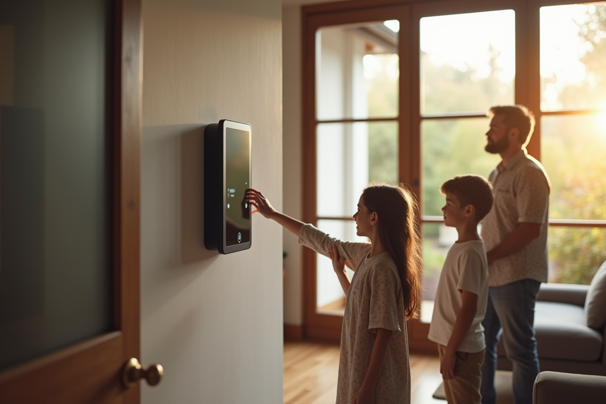 Pere installant un systeme de securite intelligent dans un salon familial