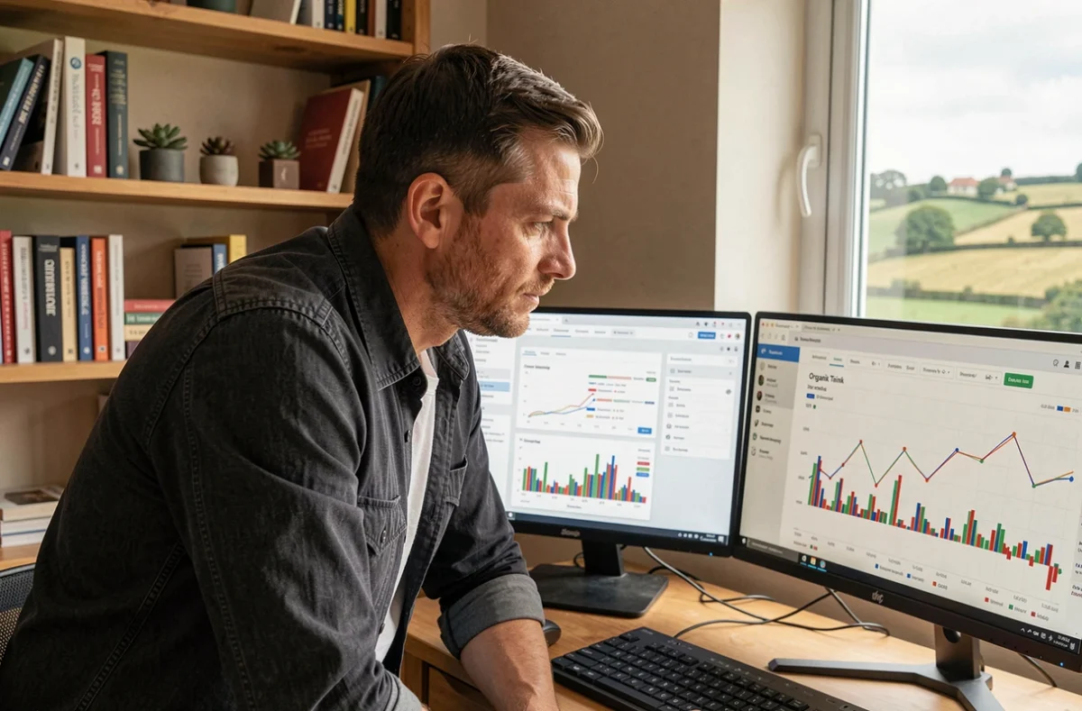 JB Delame, expert SEO, analysant des données de référencement naturel sur un double écran dans son bureau à domicile