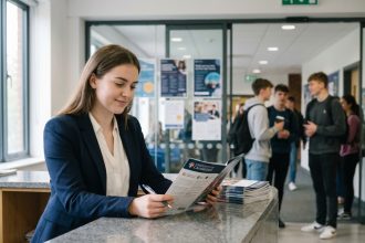 Jeune femme en blazer étudiant une brochure universitaire