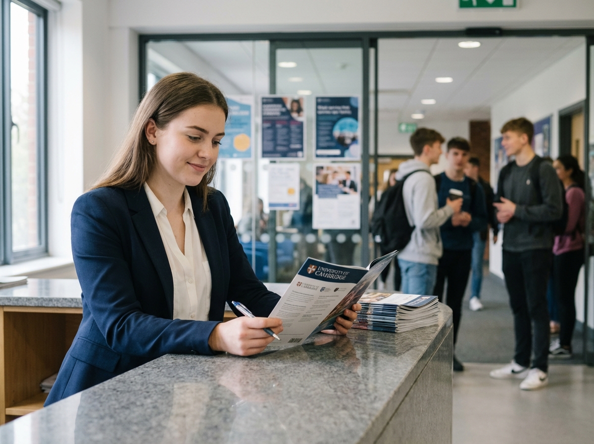 Jeune femme en blazer étudiant une brochure universitaire