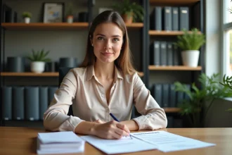 Jeune femme en bureau examinant son contrat de travail
