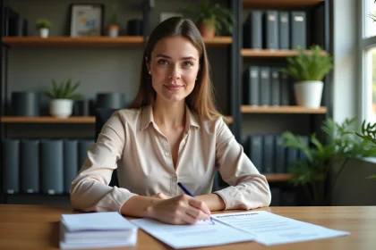 Jeune femme en bureau examinant son contrat de travail