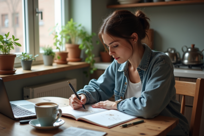 Jeune femme qui esquisse des idées dans un carnet à la maison