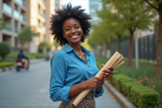 Jeune femme africaine souriante avec plans écologiques en ville