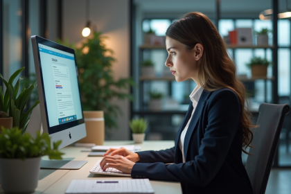 Jeune femme professionnelle utilisant un logiciel CRM au bureau