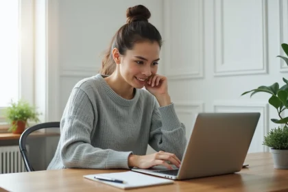 Jeune femme en télétravail à son bureau à domicile, débutante cherchant un métier sans expérience professionnelle