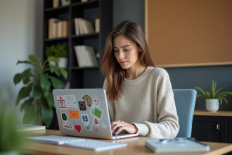 Jeune femme travaillant sur un laptop dans un bureau moderne