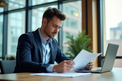 Jeune homme d'affaires en costume dans un bureau moderne