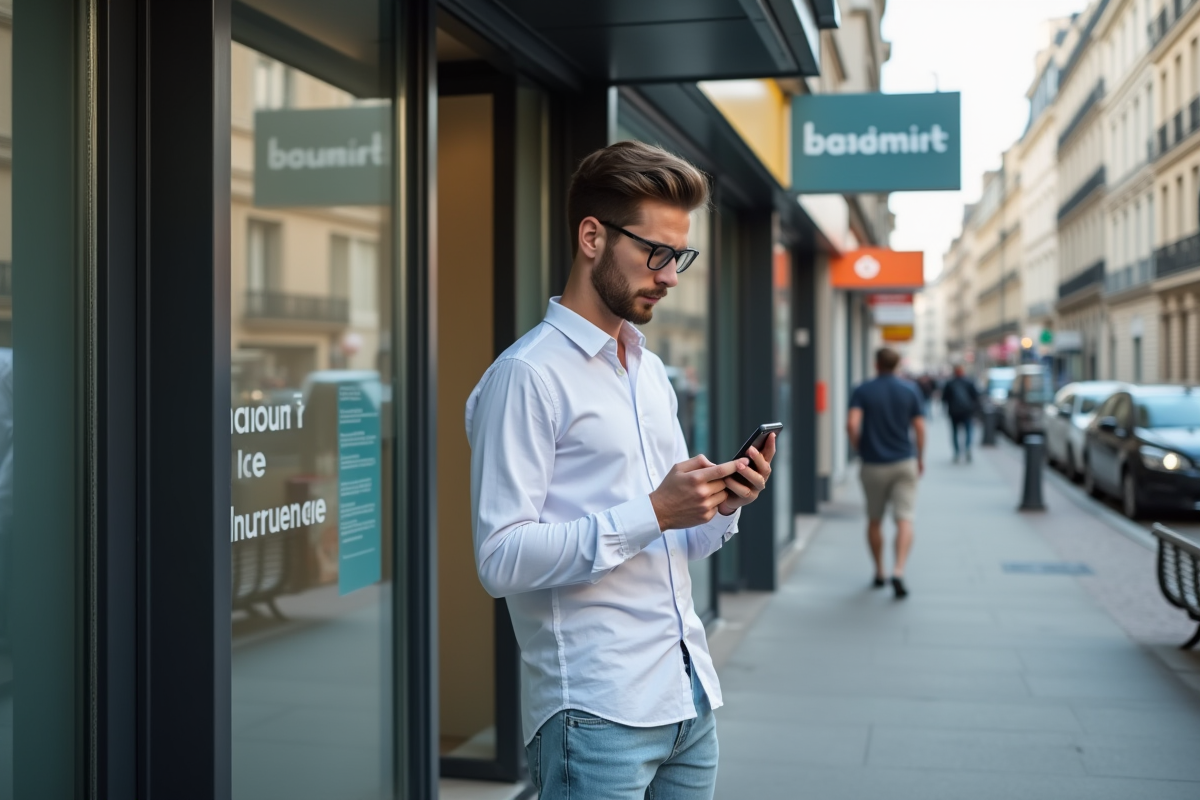 Jeune homme vérifiant son téléphone devant une agence emploi parisienne