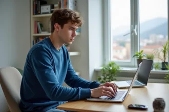 Jeune homme au bureau à Grenoble travaillant sur son ordinateur