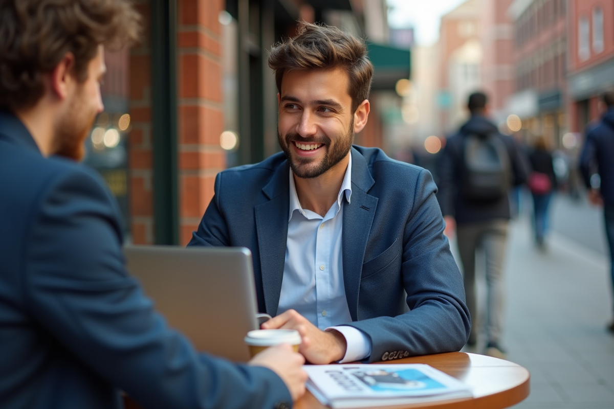Jeune homme au café avec flyers pour l
