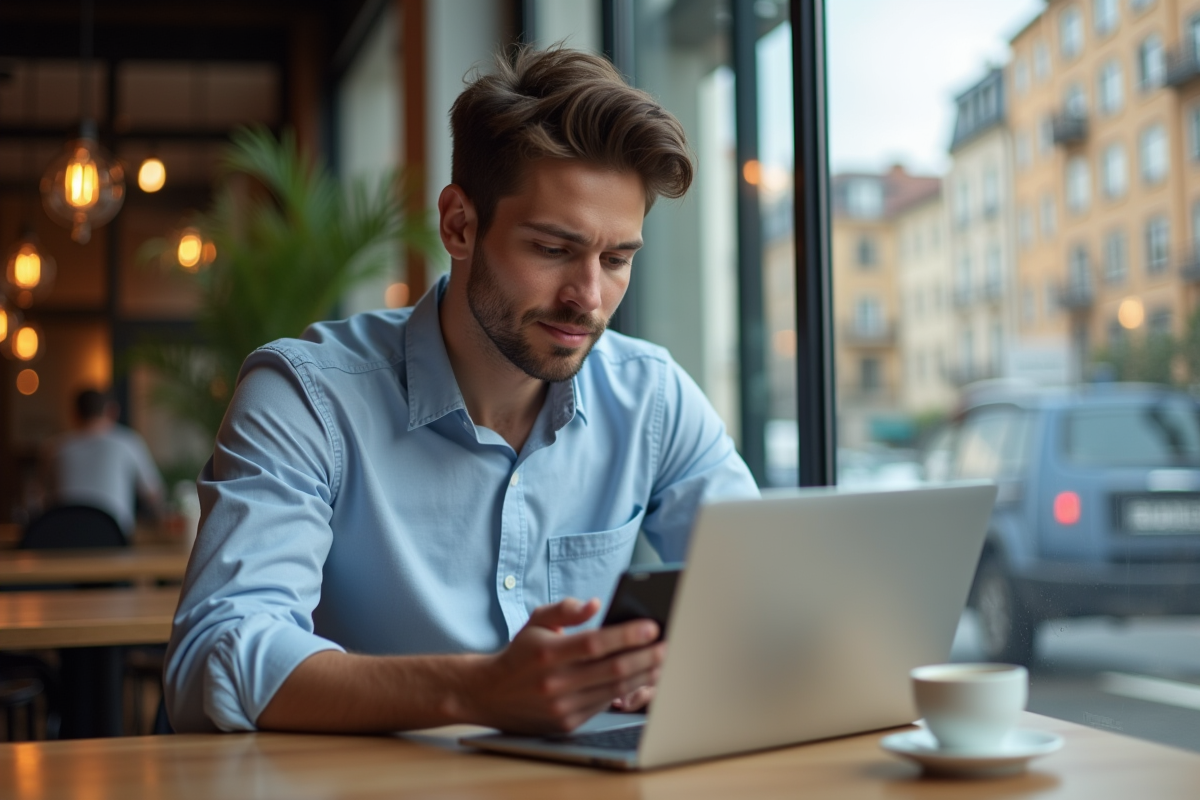 Jeune homme au café utilisant son smartphone pour consulter des normes