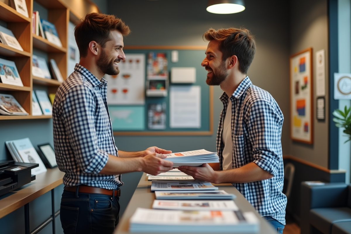 Jeune homme discutant avec un employé en imprimant des flyers