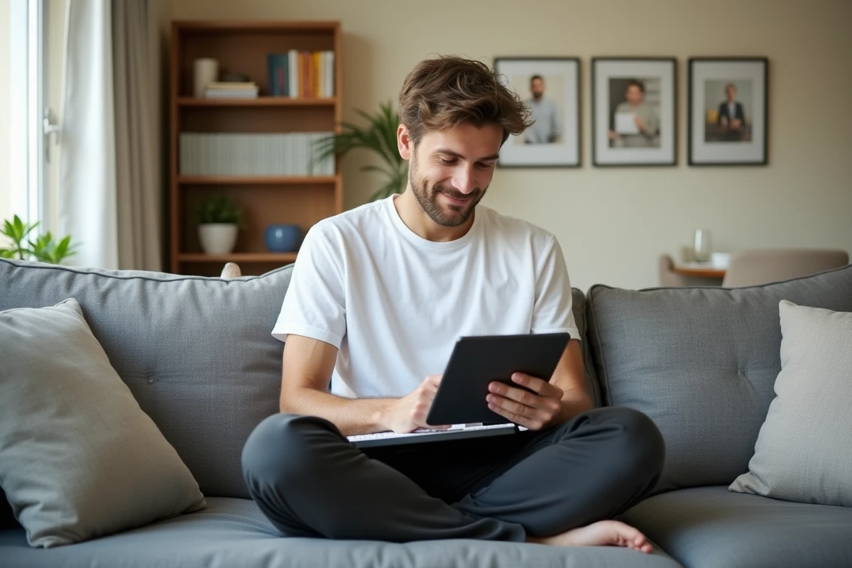Jeune homme débutant travaillant depuis son salon en télétravail sur une tablette, métier à distance sans expérience