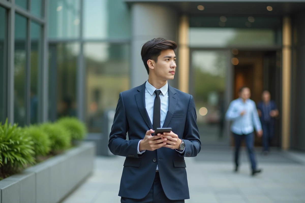 Jeune homme pensif devant un bâtiment moderne en ville