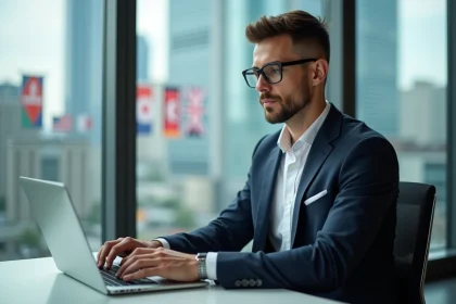 Jeune homme en costume travaillant sur un laptop dans un bureau moderne