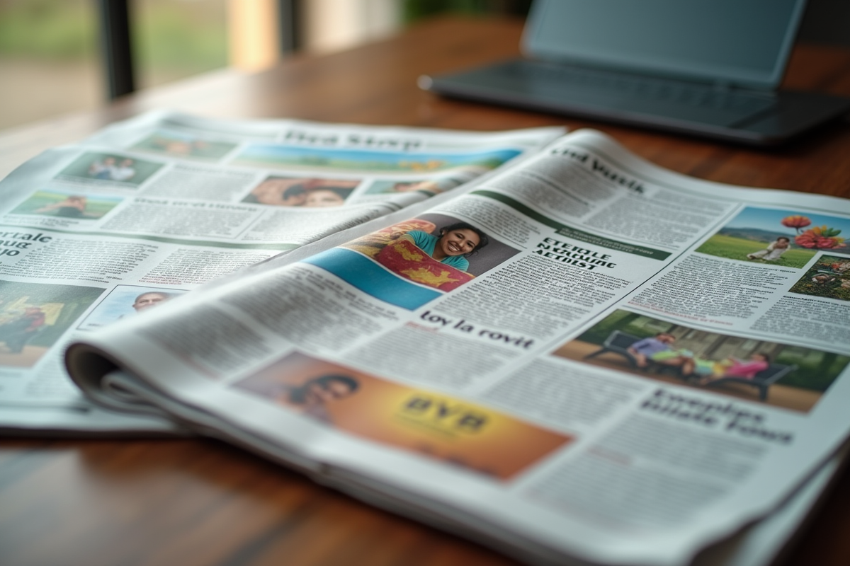 Gros plan sur des journaux avec sections publicitaires colorées sur une table en bois