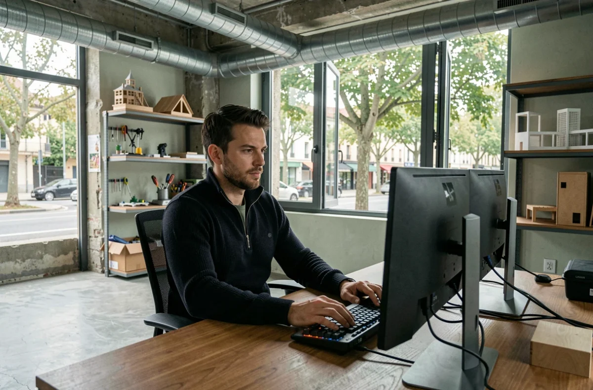 La Mine à Arcueil, espace de coworking dans un bâtiment industriel réhabilité avec un homme concentré sur son travail à un poste minimaliste