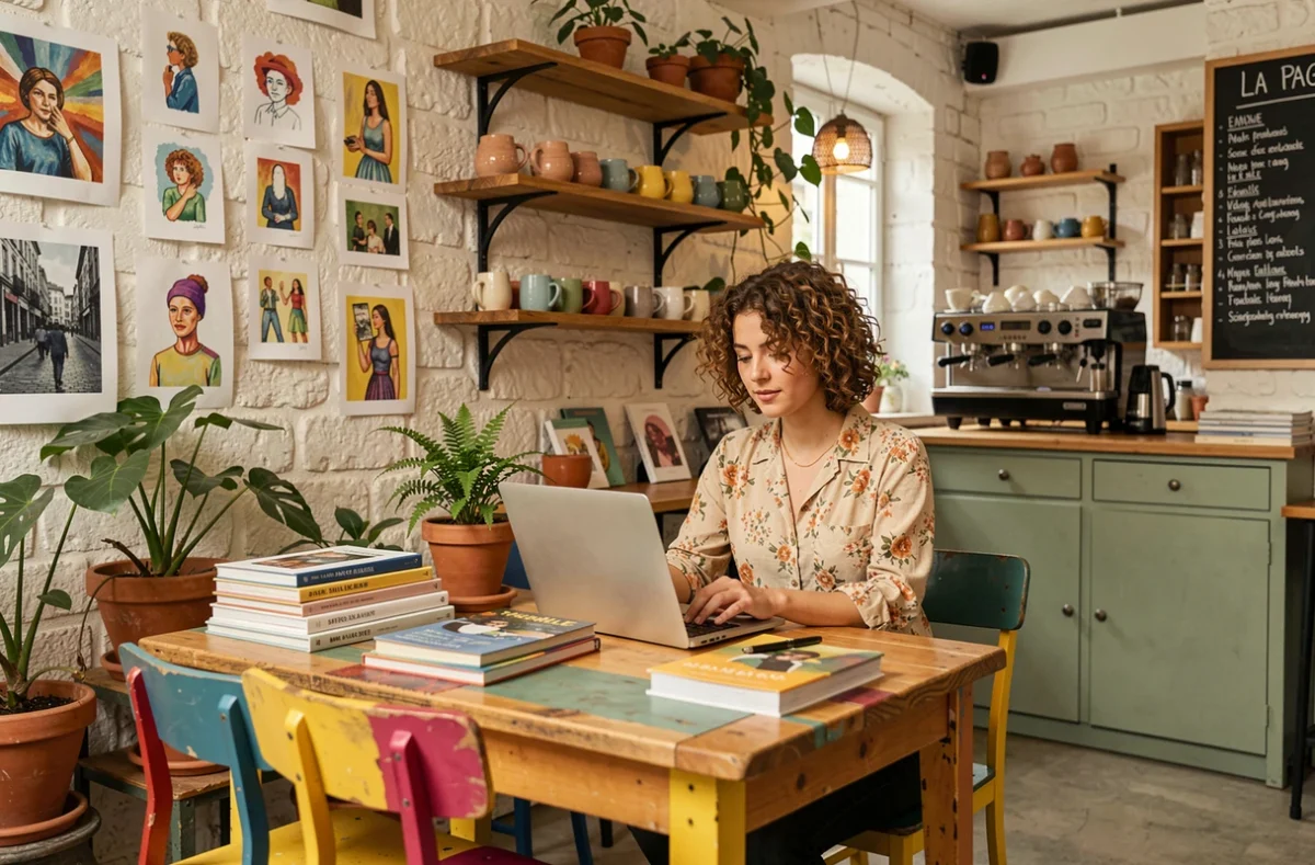 La Pagaille à Ivry-sur-Seine, espace de coworking convivial au style éclectique avec une jeune femme travaillant dans une atmosphère de café artistique