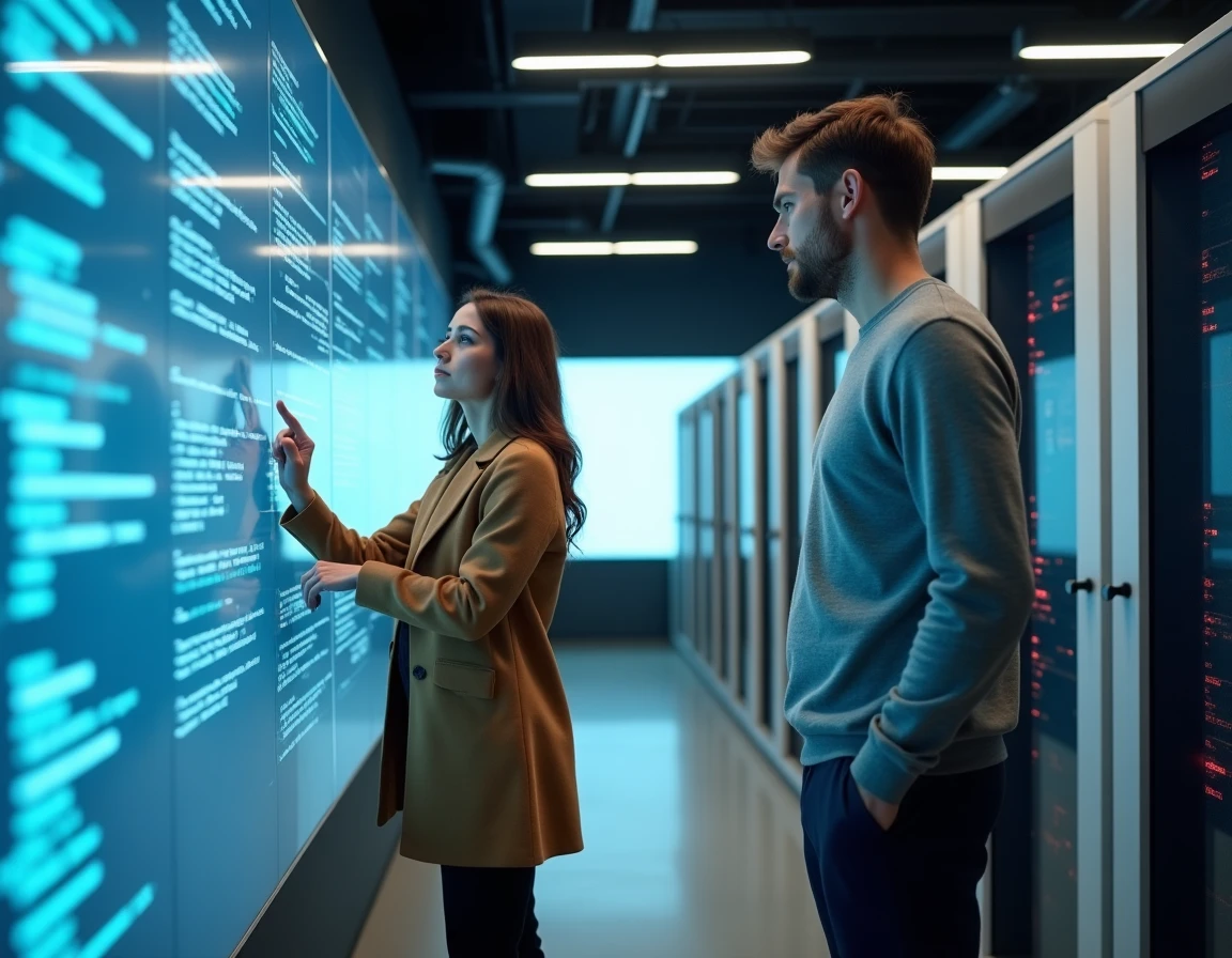 Chercheurs en intelligence artificielle française travaillant sur des modèles de langage dans un laboratoire high-tech parisien