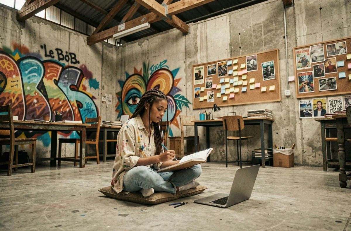 Le Bob – Plateau Urbain à Vitry-sur-Seine, espace de coworking alternatif dans un bâtiment réhabilité avec une jeune créative travaillant au milieu de fresques murales