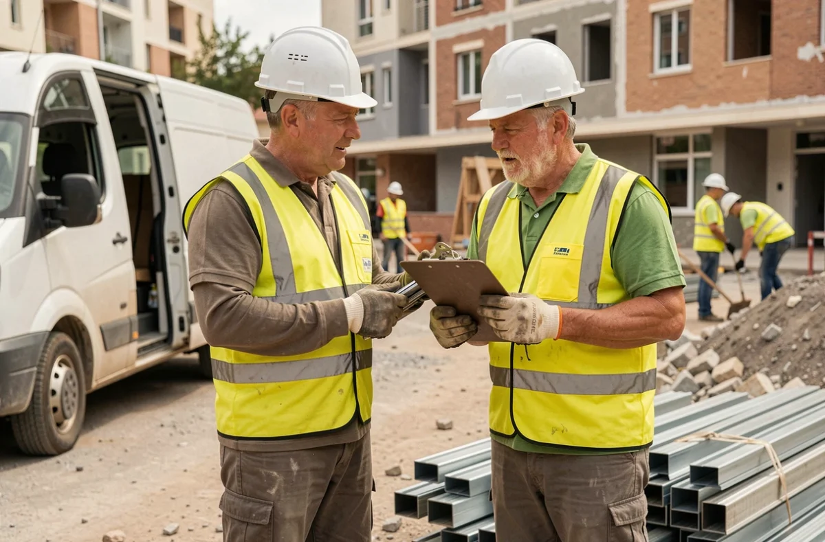 Deux ouvriers du bâtiment discutant d'une livraison de fer en petite quantité sur un chantier de construction urbain
