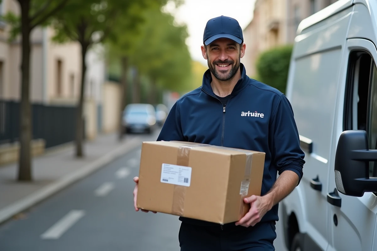 Livreur tenant un colis devant son camion dans une rue pavillonnaire française après passage par le hub de Lieusaint