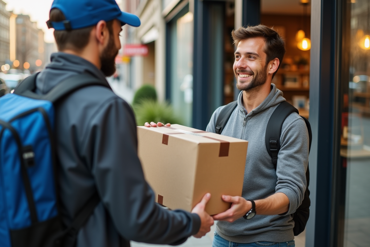 Livreur remettant un colis à un commerçant souriant devant sa boutique