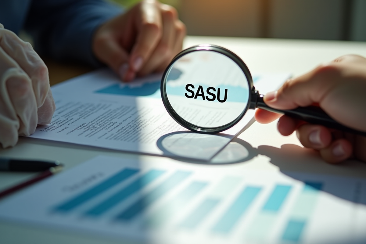 Deux mains tenant une loupe sur un contrat sasus avec graphiques