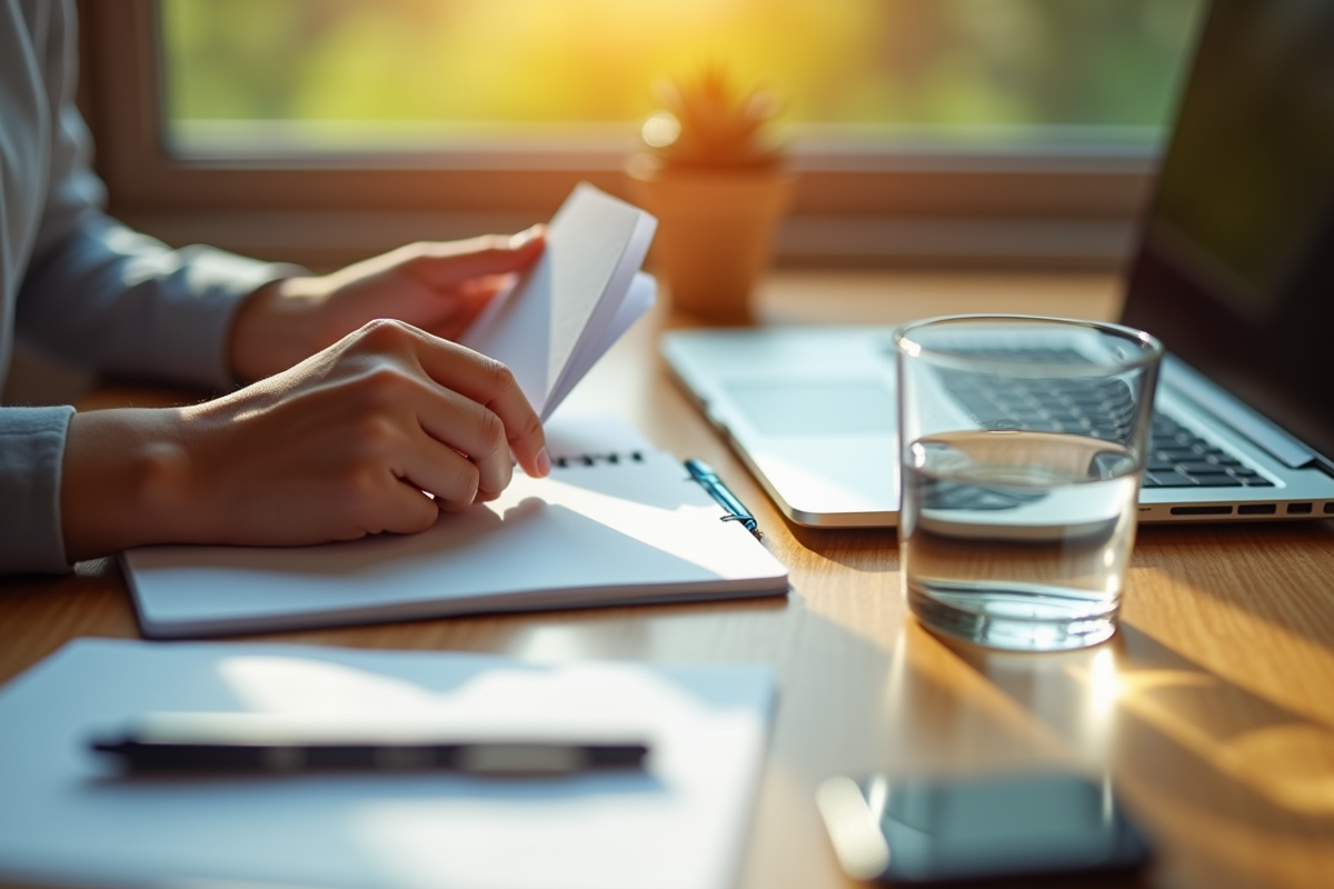 Mains tenant des cartes et un chronomètre sur un bureau ensoleille