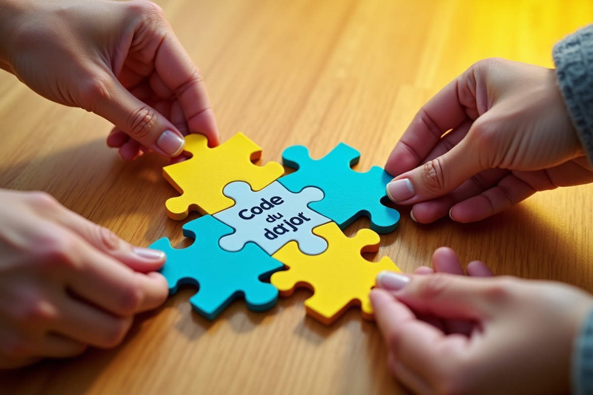 Mains de différentes personnes assemblant un puzzle avec le mot code du travail