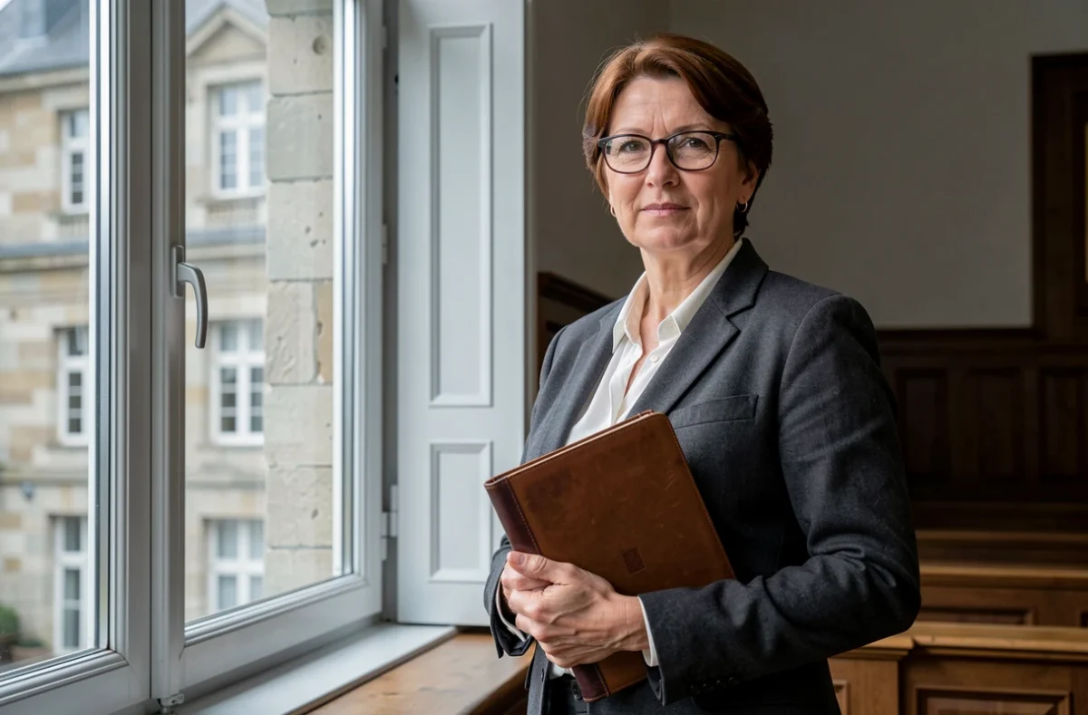 Maître Dominique Le Guillou-Rodrigues, avocate en droit du travail au barreau de Quimper, debout près d'une fenêtre tenant un dossier juridique