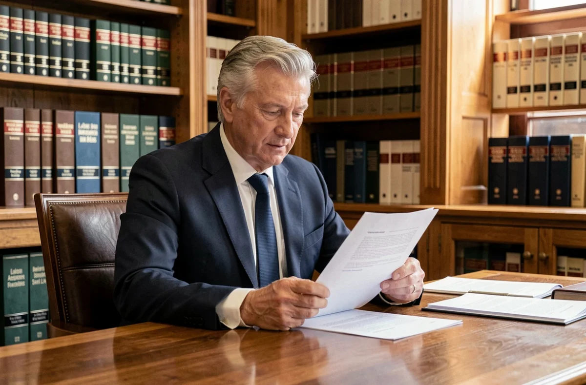 Maître Gilles Regnier, avocat en droit du travail au barreau de Lorient, assis à son bureau consultant des documents juridiques