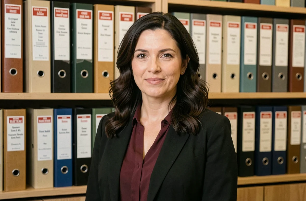 Maître Ibtissam Aftisse, avocate en droit du travail au barreau de Quimper, devant un mur de classeurs juridiques dans son cabinet