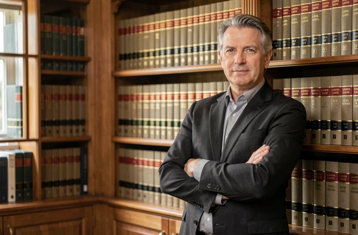 Maître Stéphane Gardette, avocat en droit du travail au barreau de Rennes, debout devant une bibliothèque juridique dans un cabinet prestigieux