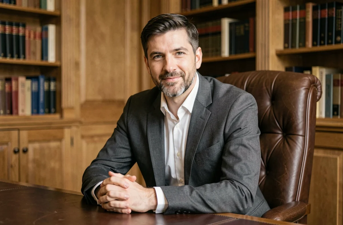 Maître Yann Quillevere, avocat en droit du travail au barreau de Vannes, assis dans un fauteuil en cuir dans son bureau traditionnel