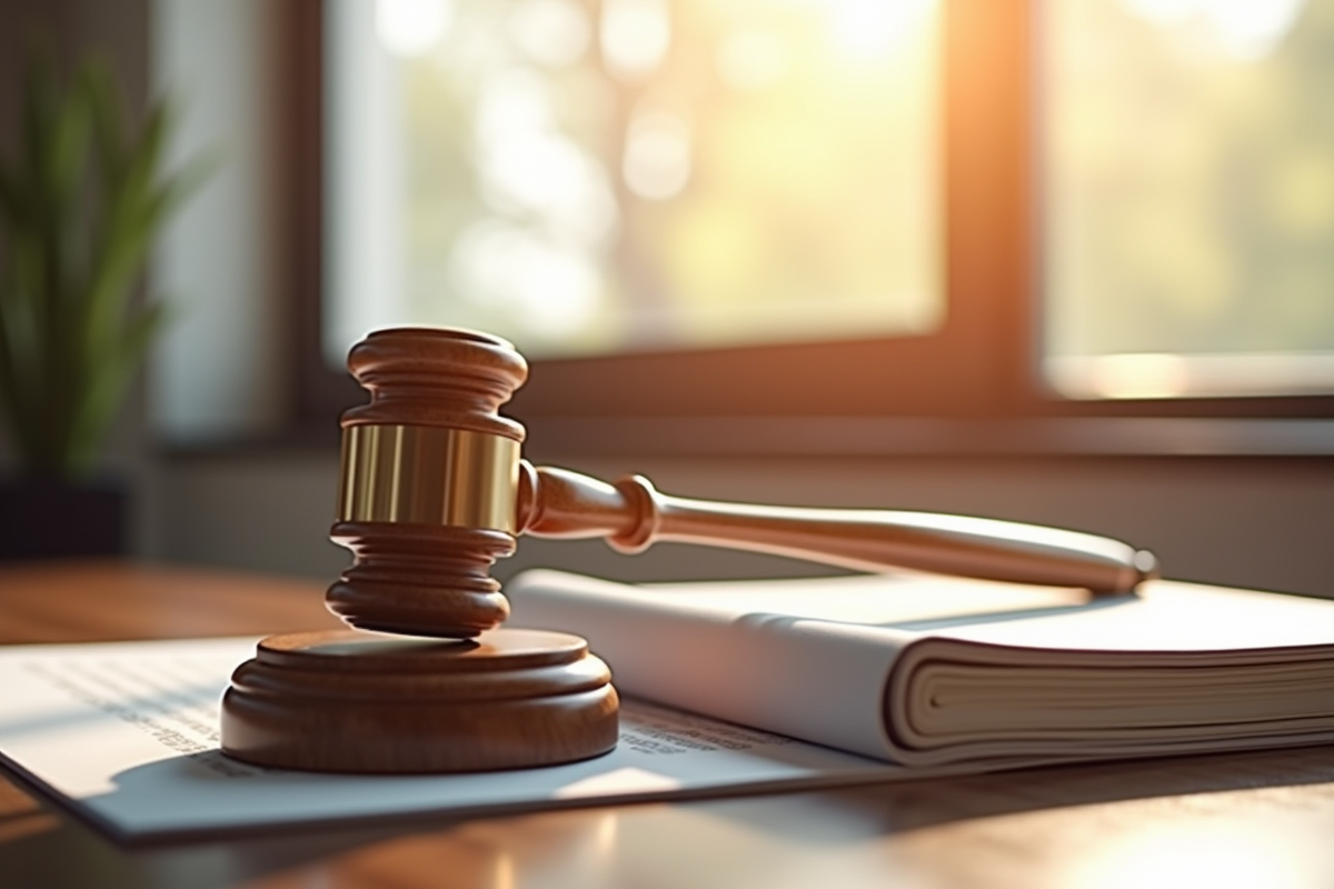 Marteau de juge en bois sur des documents officiels en lumière naturelle