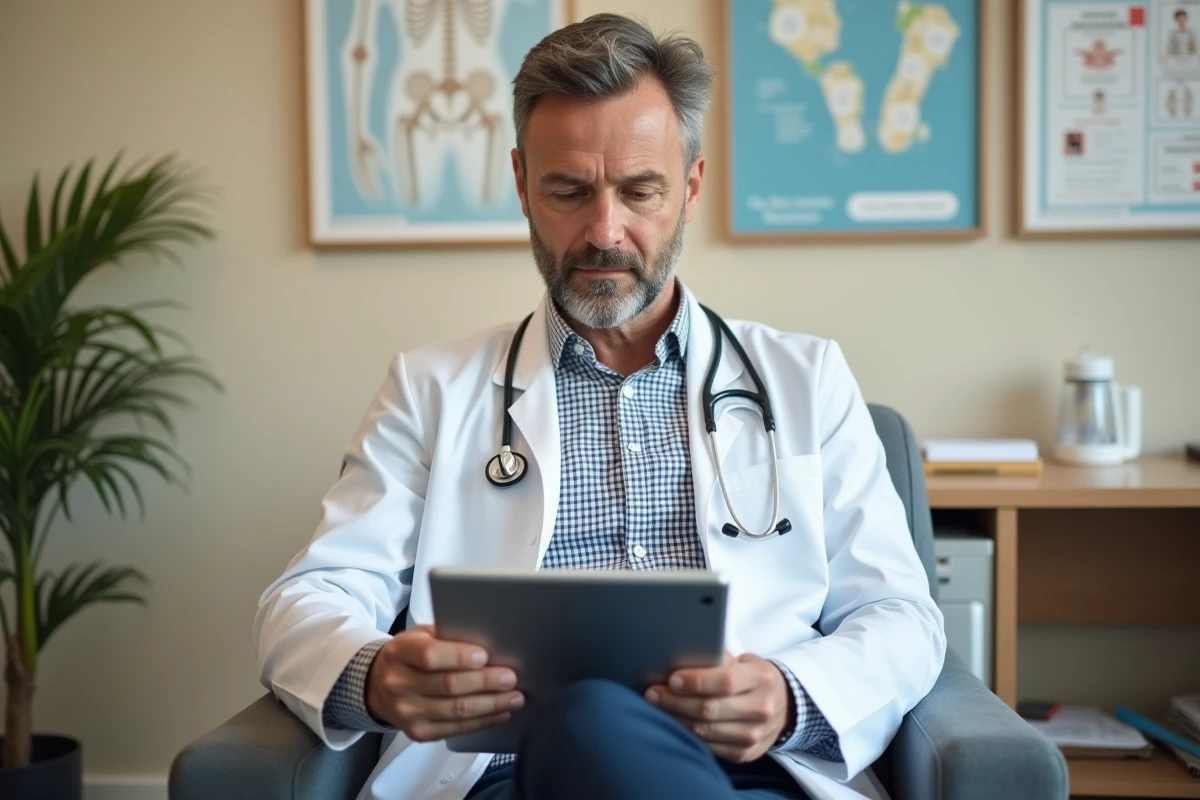 Medecin en consultation avec tablette tactile