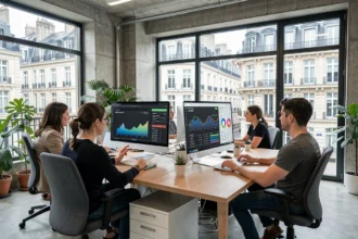 Équipe de consultants SEO travaillant dans un bureau moderne à Rouen, Seine-Maritime, entourés d'écrans affichant des données analytiques