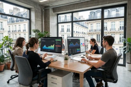 Équipe de consultants SEO travaillant dans un bureau moderne à Rouen, Seine-Maritime, entourés d'écrans affichant des données analytiques