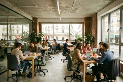 Vue panoramique d'un espace de coworking moderne dans le Val-de-Marne avec des professionnels travaillant dans un cadre lumineux et collaboratif
