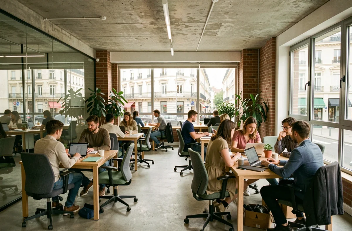 Vue panoramique d'un espace de coworking moderne dans le Val-de-Marne avec des professionnels travaillant dans un cadre lumineux et collaboratif
