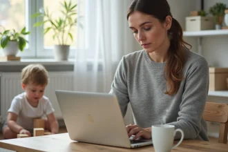 Mère en télétravail travaillant sur un ordinateur portable à son bureau à domicile pendant que son enfant joue à ses pieds