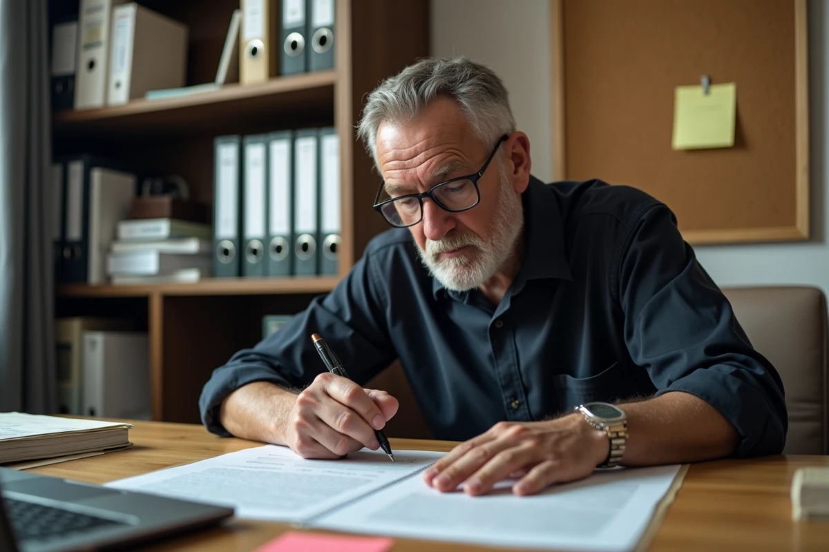 Responsable associatif annotant les statuts de son association sur son bureau avec des documents juridiques