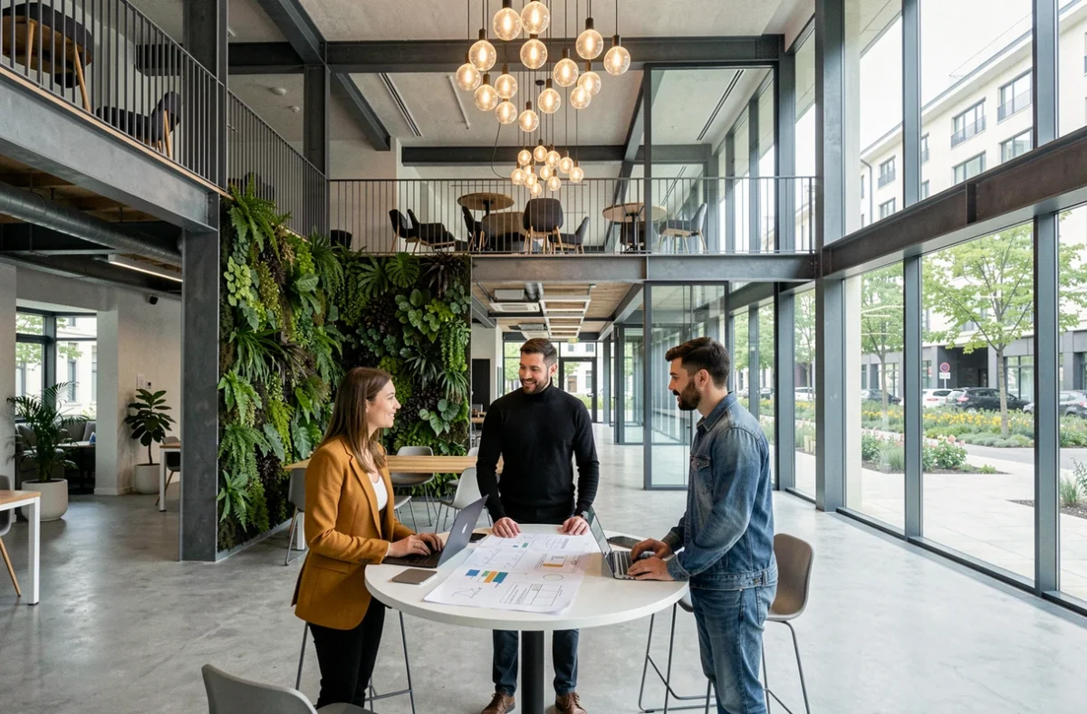 Nextdoor à Ivry-sur-Seine, grand espace de coworking moderne avec trois professionnels collaborant autour d'une table de réunion debout sous une verrière contemporaine