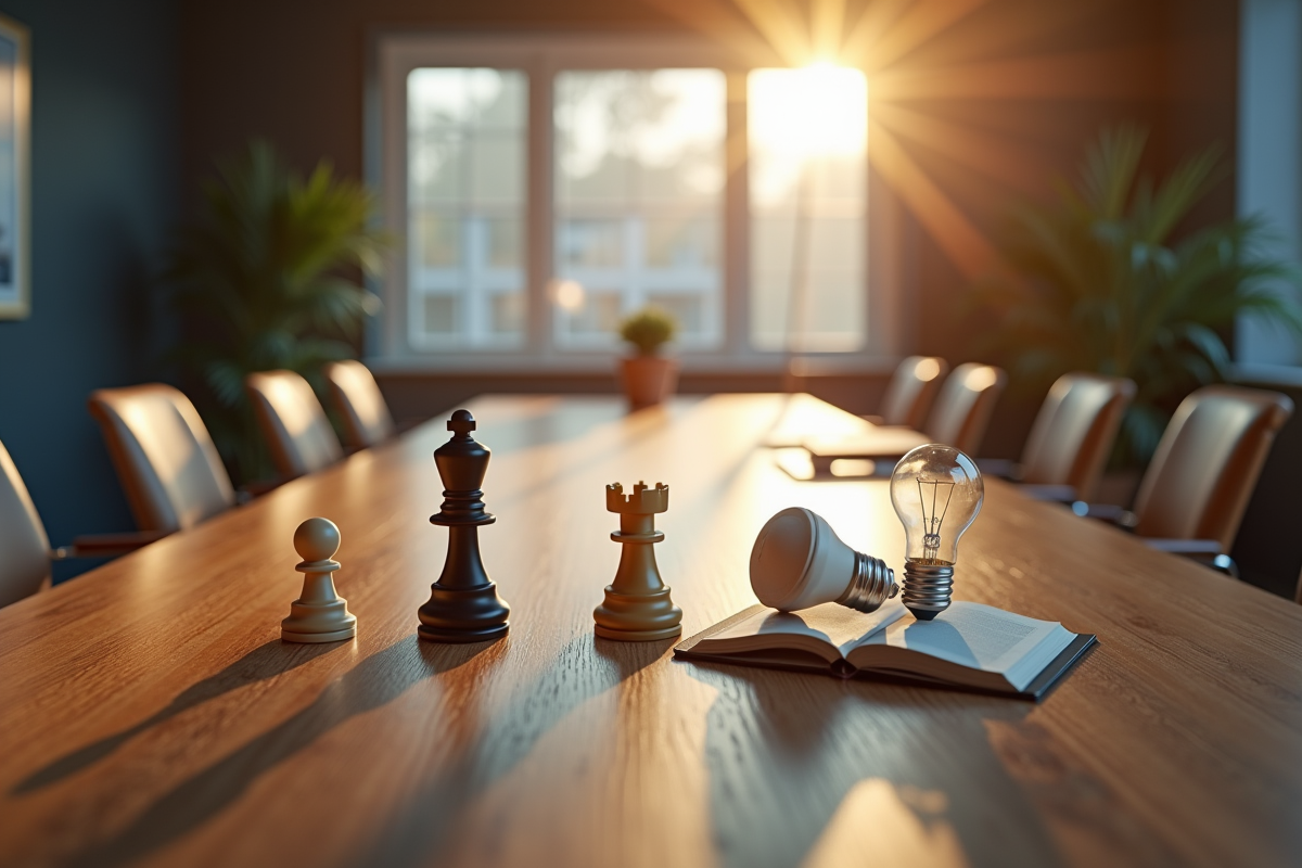 Objets symboliques du leadership sur une table en bois