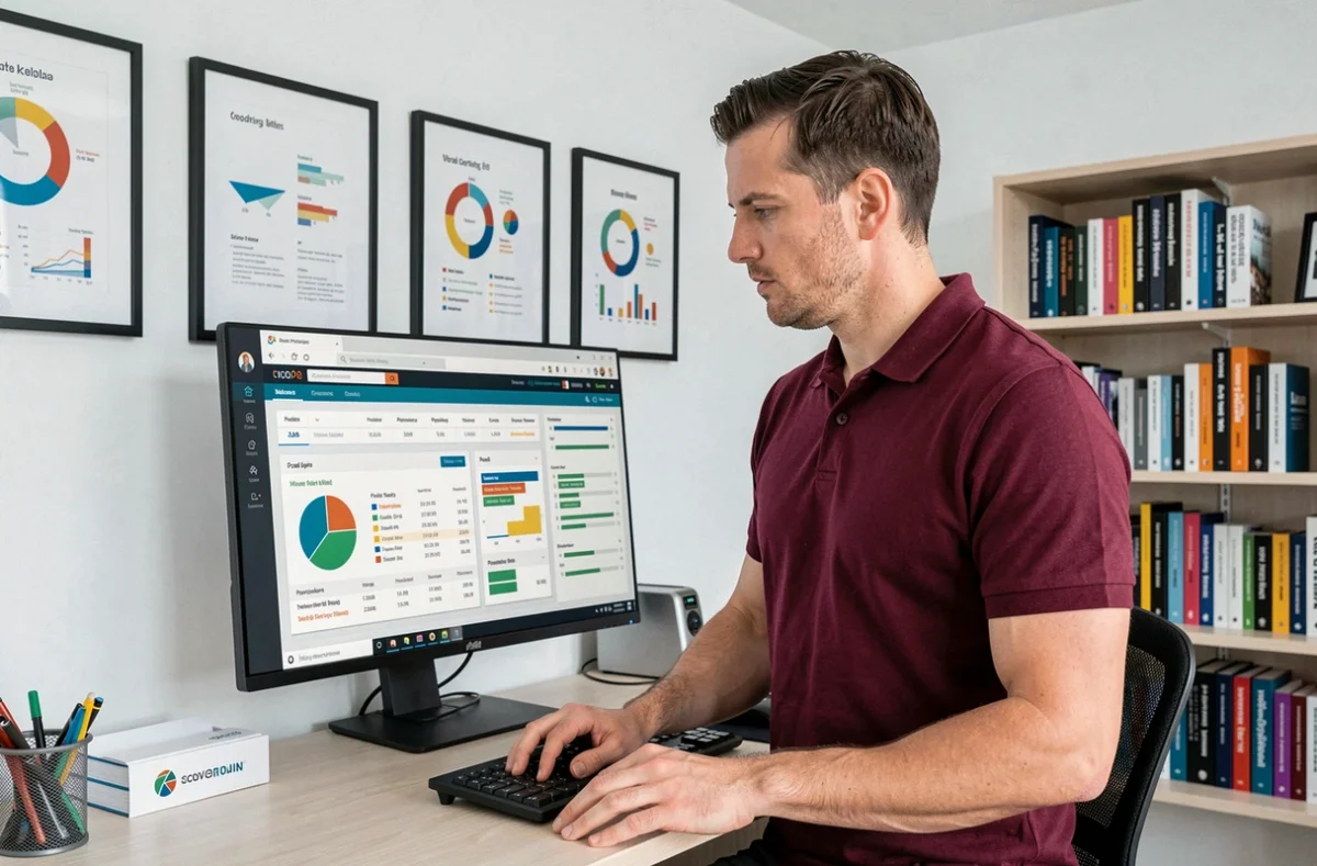 Analyste SEO d'Optimize 360 examinant un tableau de bord de performance de référencement sur grand écran