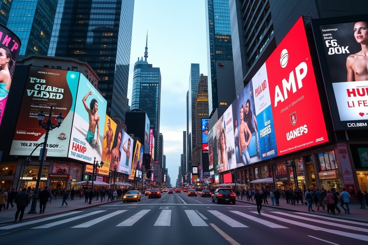 Rue urbaine avec panneaux publicitaires numériques colorés
